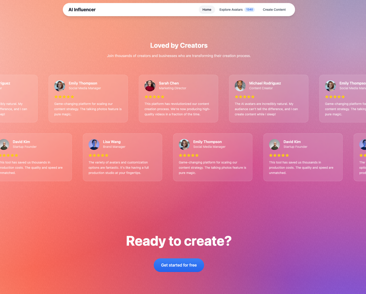 AI Influencer avatar preview screen