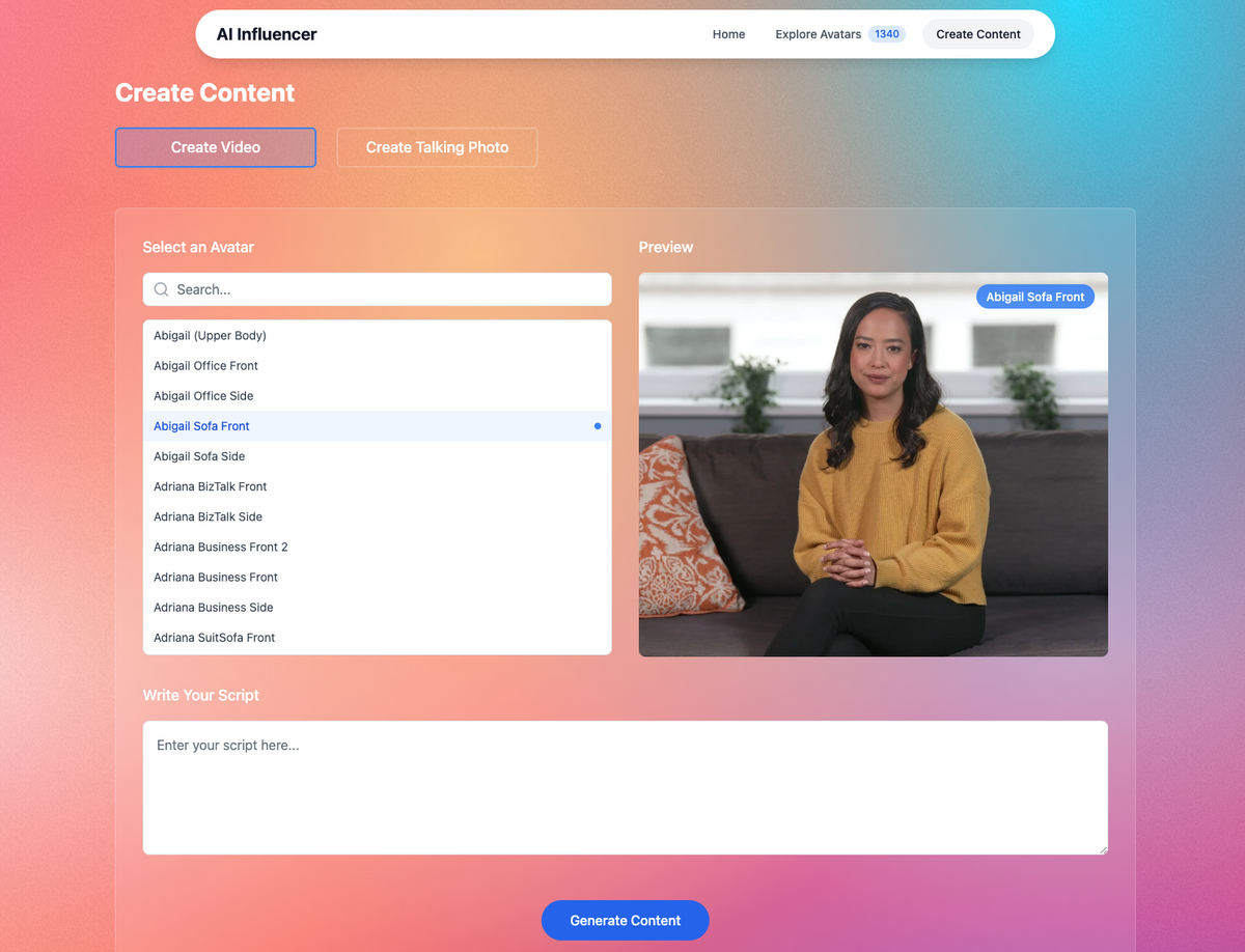 AI Influencer content creation screen