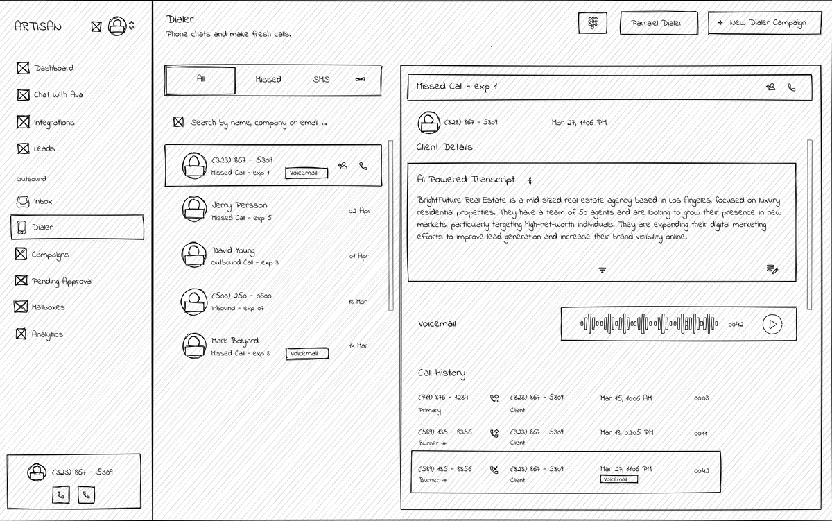 AI transcription wireframe for the phone dialer platform
