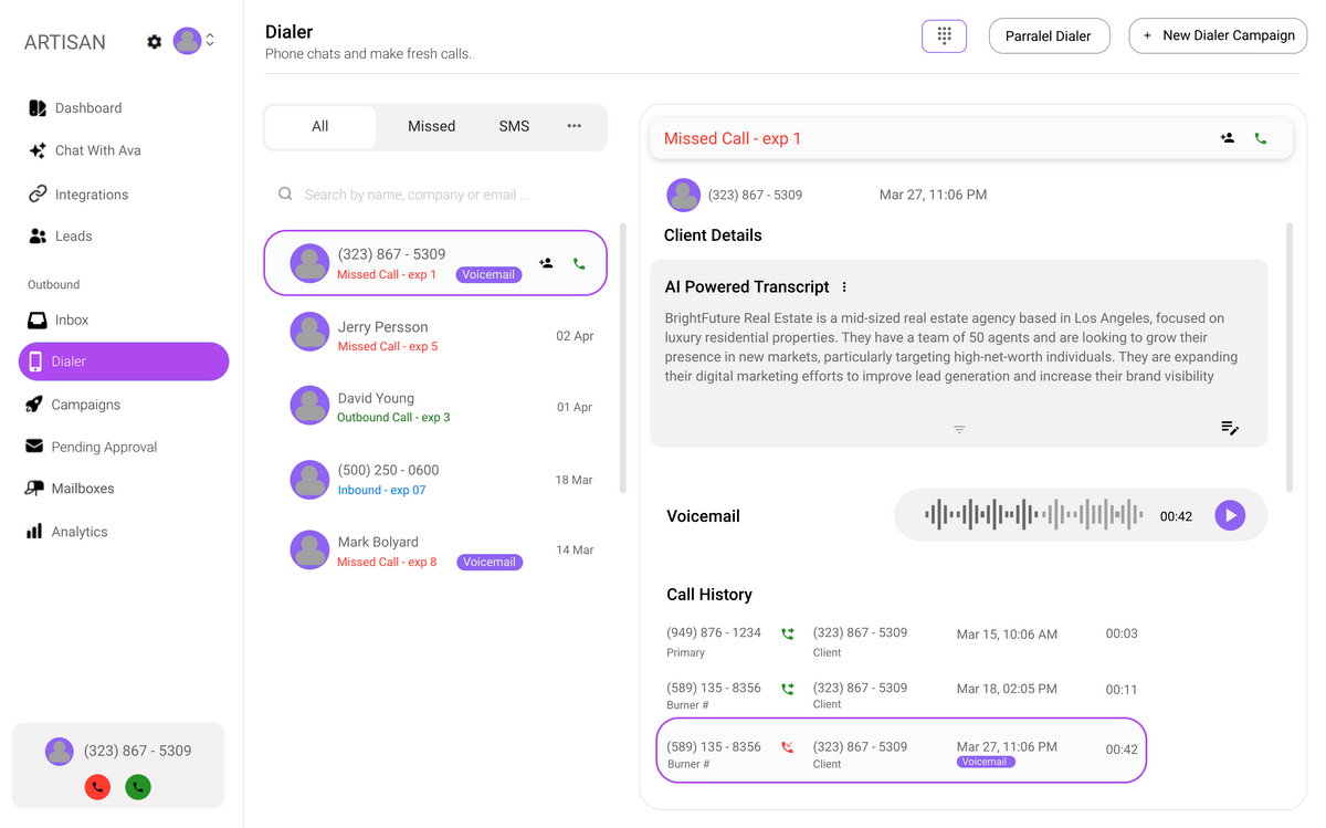AI transcription mockup for the phone dialer platform