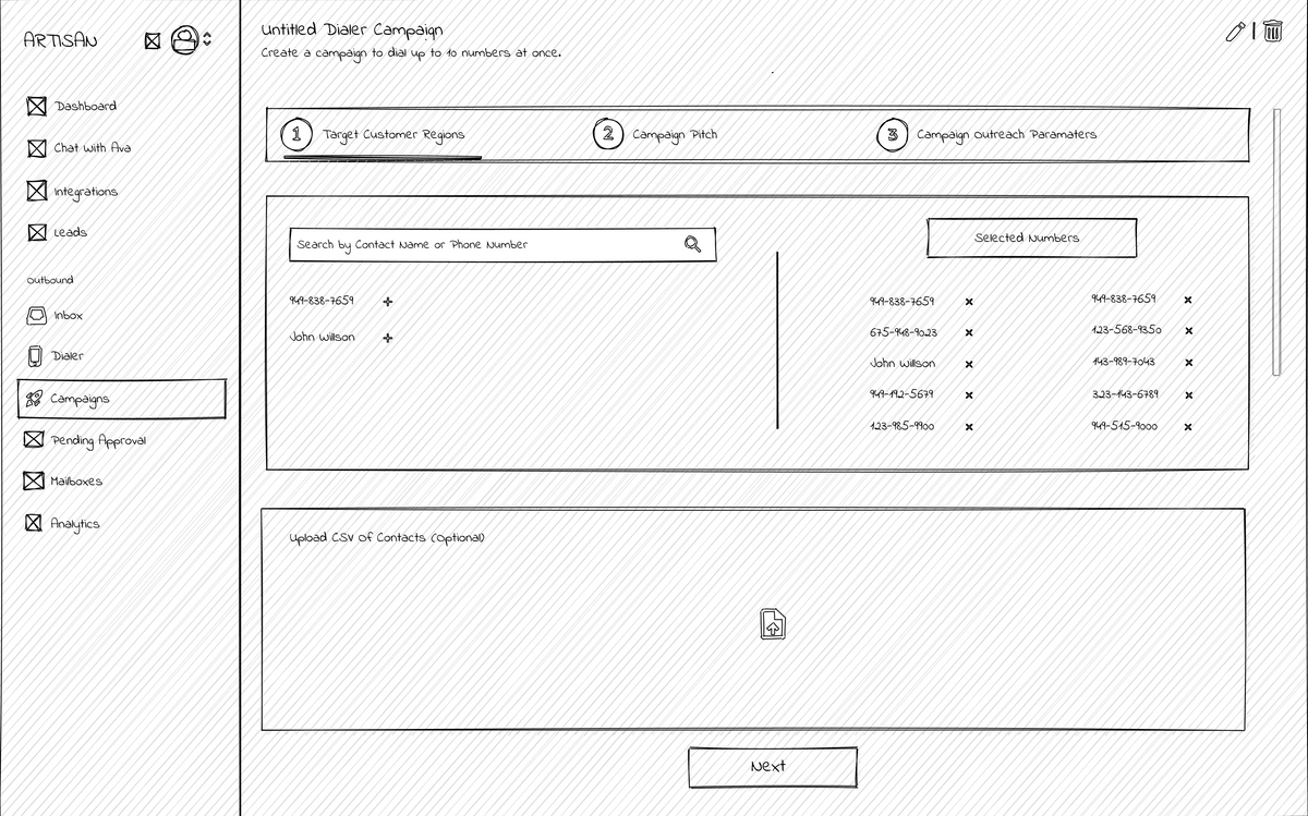 Phone number purchase wireframe for the phone dialer platform