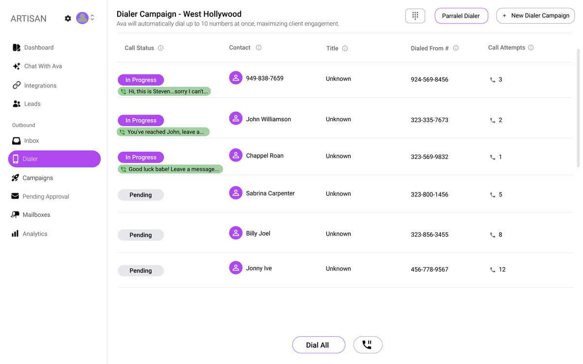 Parallel dialer mockup for the phone dialer platform