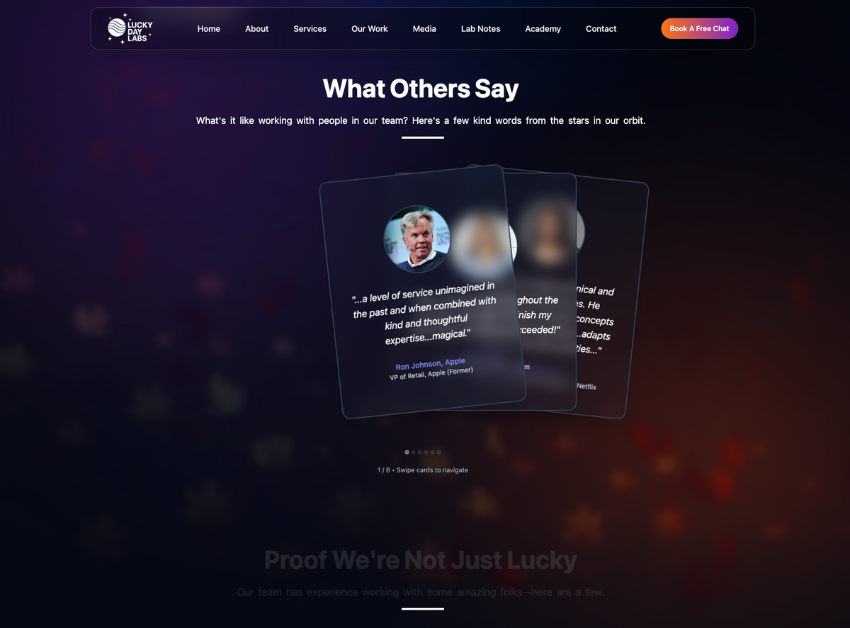 Lucky Day Labs testimonials screen