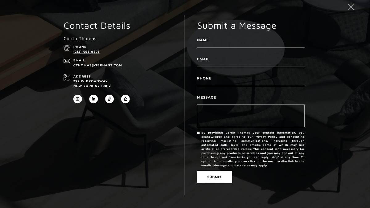 SERHANT real estate website contact screen
